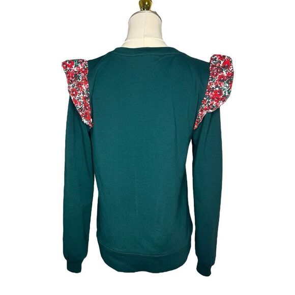 SOLD🚫 J Crew Green Floral Ruffle Long Sleeve Sweater Women’s Small - Picture 7 of 8